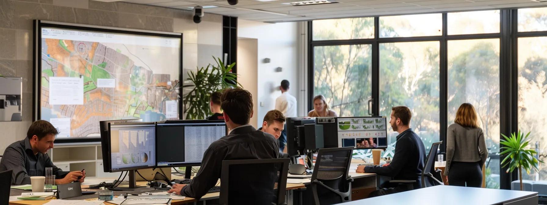 a bustling modern office in perth showcases a team of professionals collaborating over a large map and relocation plans, exemplifying the efficient local expertise of commercial relocation companies.