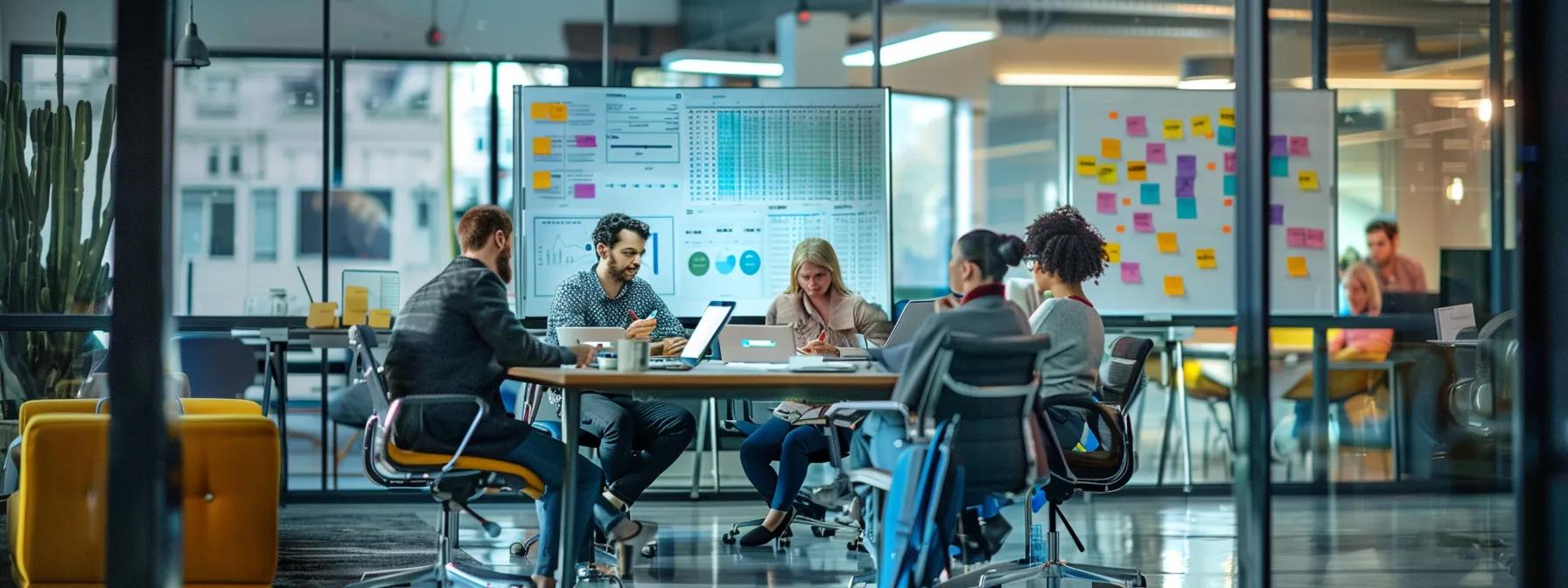 a bustling office environment captures a diverse team gathered around a large conference table, deeply engaged in strategic planning and collaboration, with colorful charts and checklists sprawled out, signifying their meticulous preparation for an upcoming business move.
