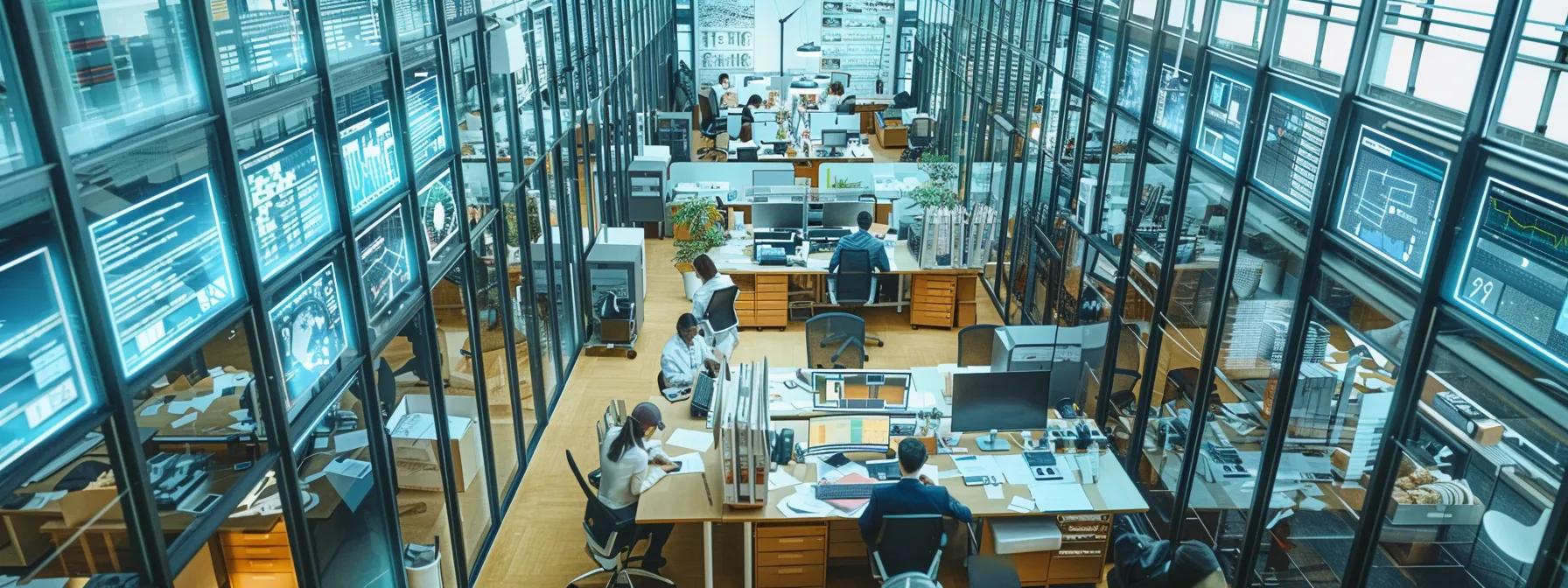 a bustling office environment showcases a team of professionals engaged in meticulous planning for a business move, with advanced digital tracking screens displaying real-time logistics amidst an organized array of packed equipment and materials.