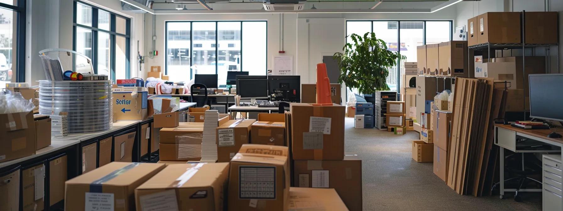 a bustling office space in perth is meticulously organized for relocation, showcasing neatly packed commercial-grade moving supplies, labeled boxes, and a detailed floor plan pinned to the wall, highlighting the preparation process for a seamless furniture move.