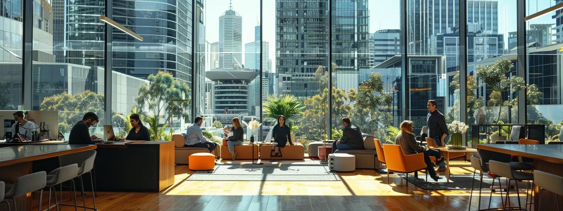 a bustling urban office environment showcases a professional relocation team efficiently managing the complex disassembly and transport of stylish office furniture, set against a backdrop of modern high-rise buildings in perth.