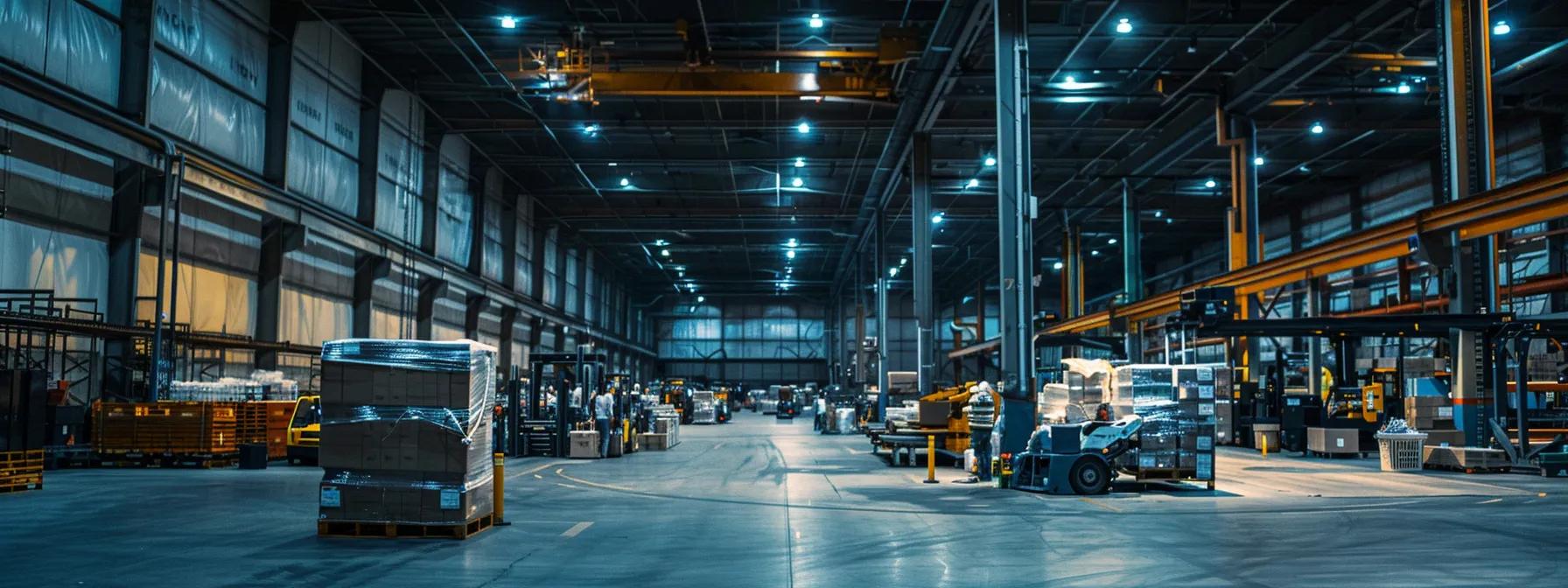 a bustling warehouse interior features professional movers skillfully maneuvering heavy machinery and palletized inventory around a meticulously organized layout, illuminated by bright overhead lights that emphasize the efficiency and precision of their relocation strategy.