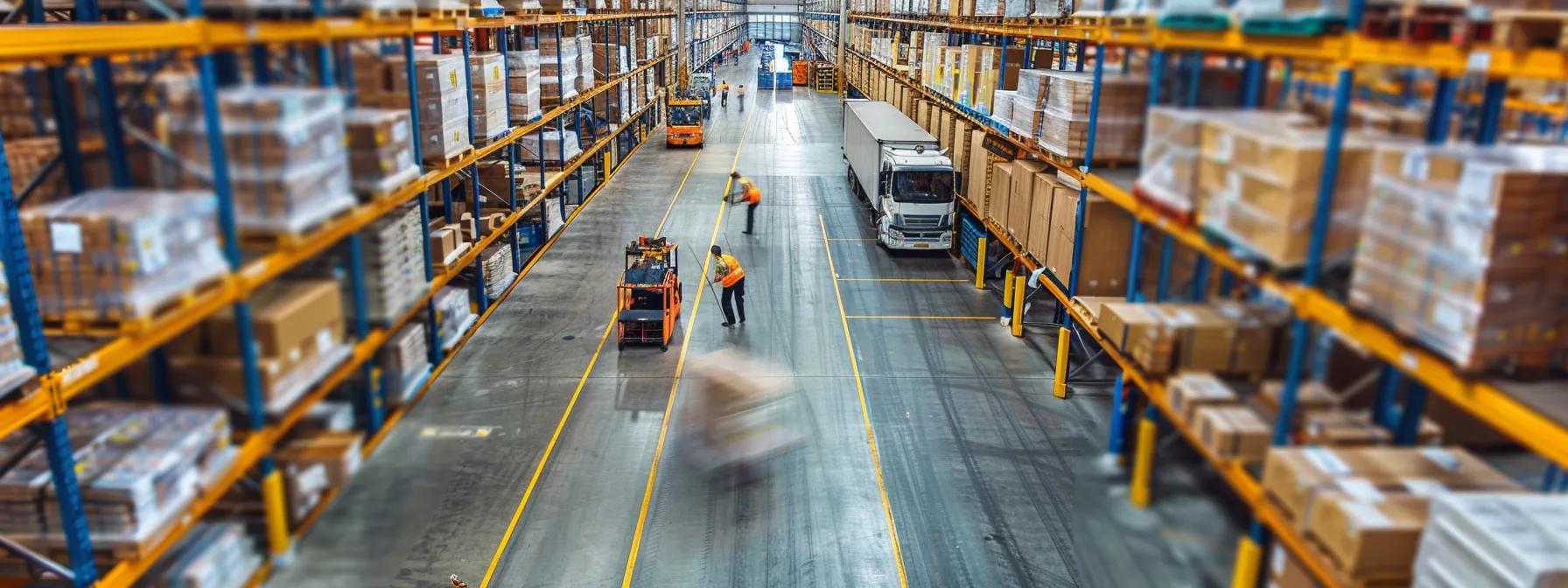 a dynamic indoor scene showcases professional movers in a bustling perth warehouse, meticulously conducting a safety drill amidst neatly stacked equipment and safety signage, embodying the essence of risk management in logistics.