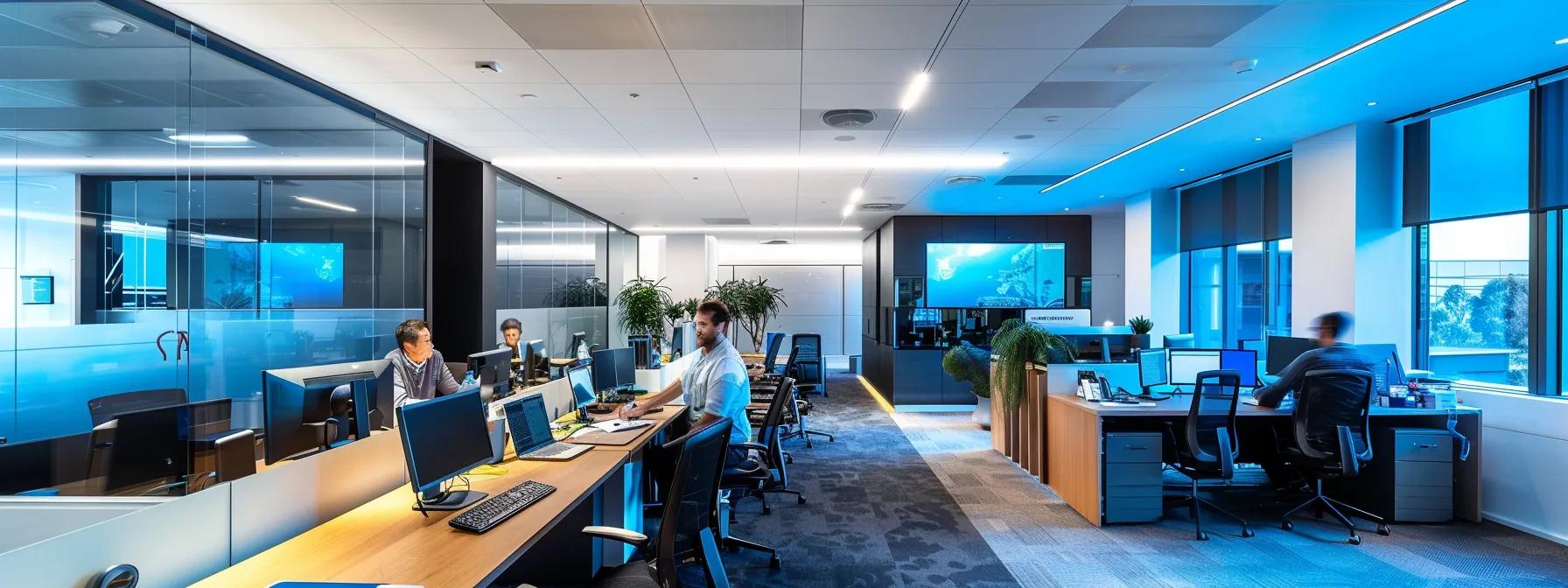 a dynamic office environment showcases a team swiftly unpacking equipment, strategically arranging modern workstations, and reinstalling technology, all under vibrant overhead lighting to emphasize a seamless post-relocation setup in a bustling perth office.