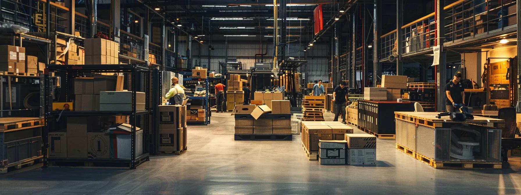 a dynamic office relocation scene captures professional movers carefully packing high-tech equipment into custom crates, surrounded by neatly labeled boxes and organized storage areas, all illuminated by bright overhead lights in a bustling urban environment.