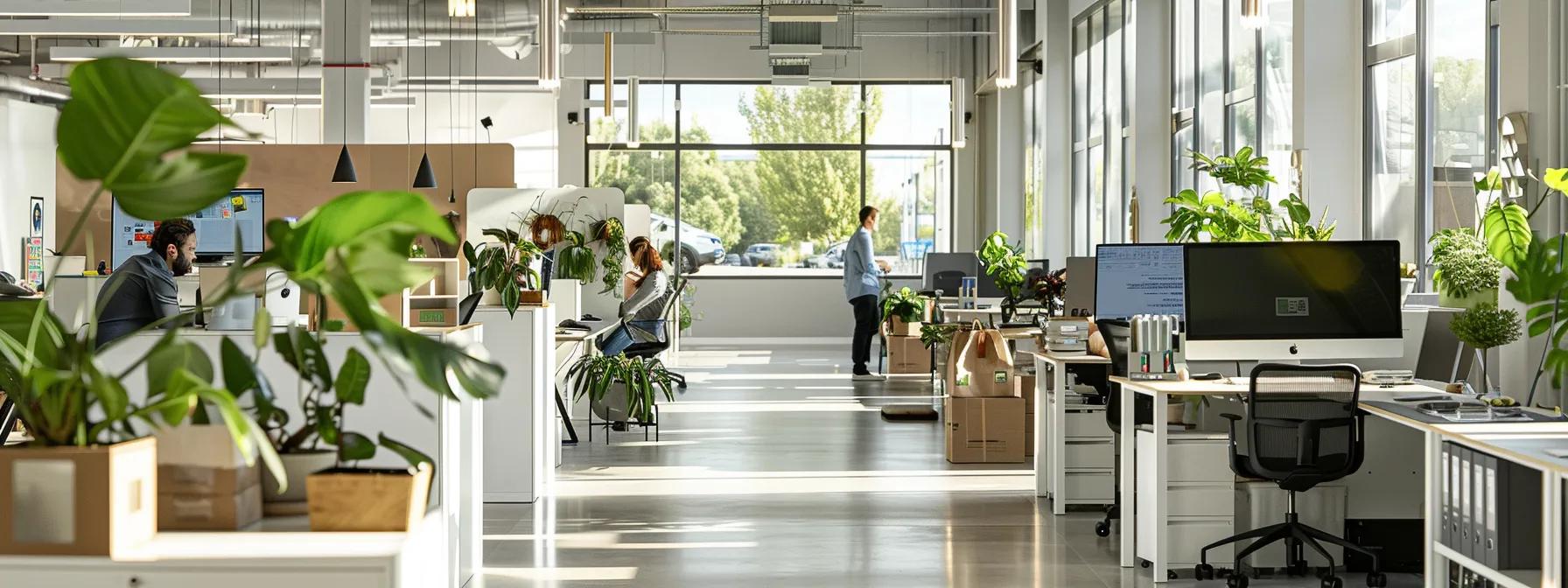 a modern office space in perth, featuring a bustling team collaboratively planning a large-scale relocation, surrounded by organized packing materials, and equipped with digital tools displaying timelines and budget breakdowns.