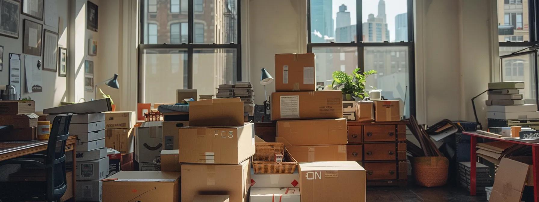 a bustling urban apartment filled with neatly stacked moving boxes and a detailed inventory list prominently displayed on a sleek desk, capturing the essence of organized packing and strategic budget-saving tips for an efficient move.