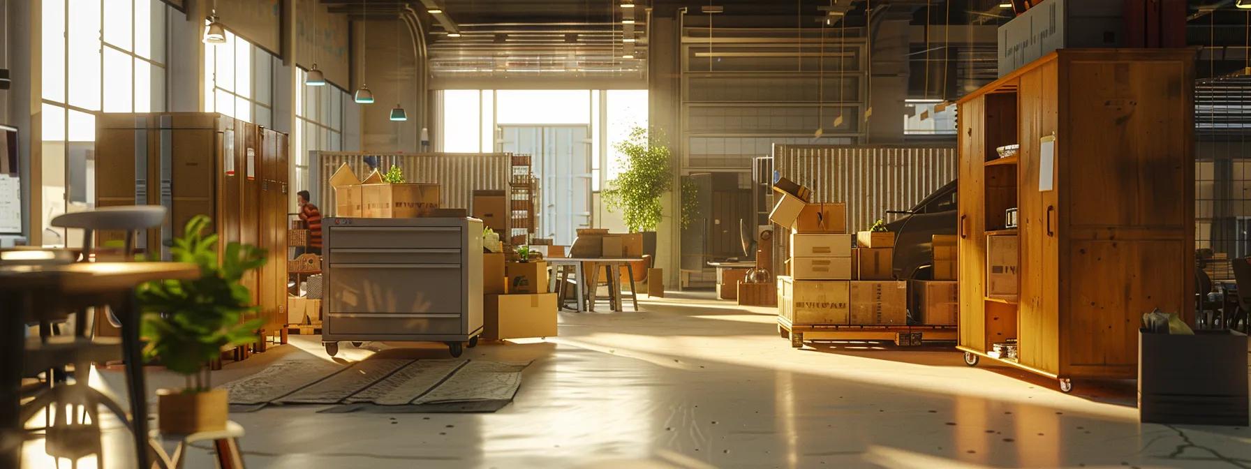 a dynamic urban office scene showcases professional removalists efficiently packing and organizing items in modern, sleek moving trucks, highlighting their wide range of specialized services and commitment to seamless transitions.