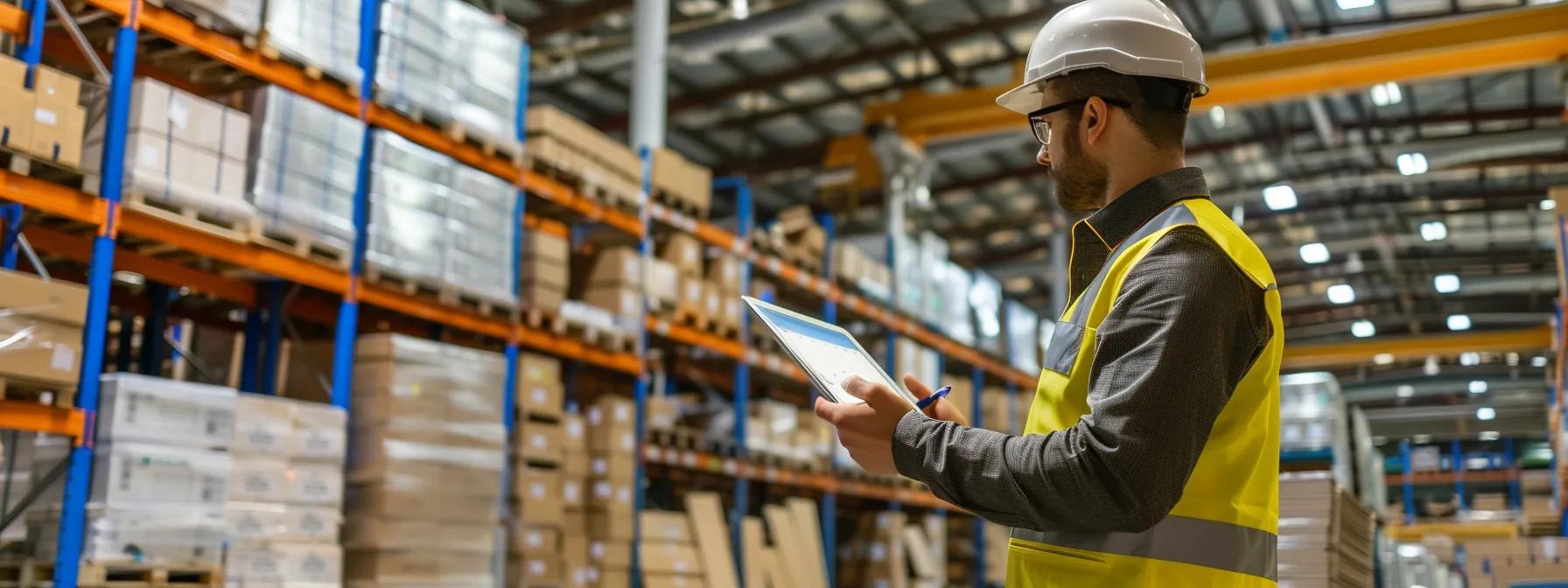a dynamic warehouse interior in perth showcases a team of professionals meticulously analyzing inventory and logistics plans on digital tablets, with stacks of neatly organized boxes and equipment in the background, highlighting the strategic complexity of warehouse moving.