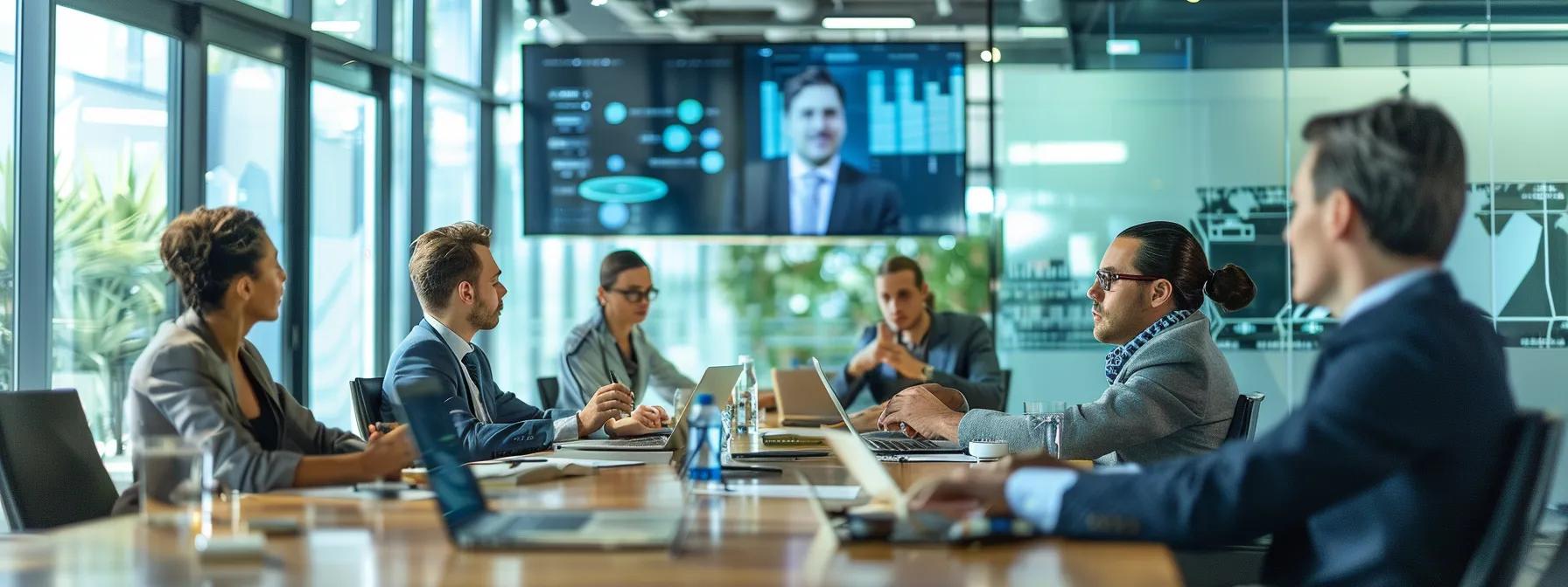 a modern office interior showcases a diverse team of professionals collaborating around a sleek conference table, surrounded by digital screens displaying cost optimization strategies for hiring removalists in perth.