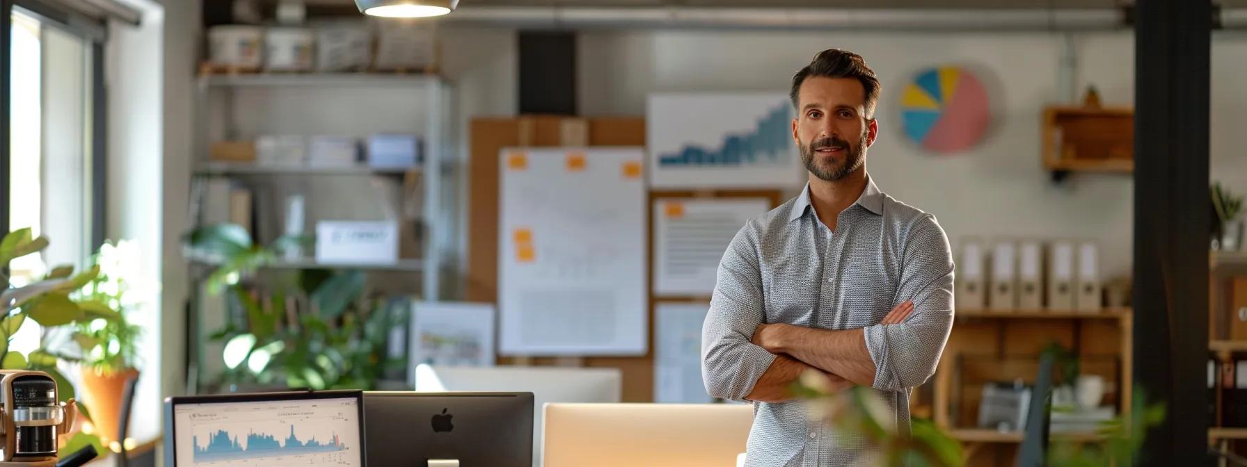 a professional moving company representative stands confidently in a modern, bustling office, surrounded by charts and documents, discussing detailed pricing and service policies with a prospective client, conveying trust and reliability.