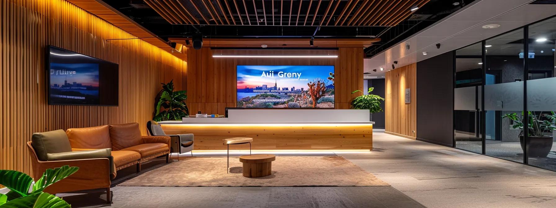 a sleek, modern office space showcases a large digital display comparing service offerings and pricing of various removalist companies in perth, emphasizing clarity and professionalism with a minimalist design and ambient lighting.