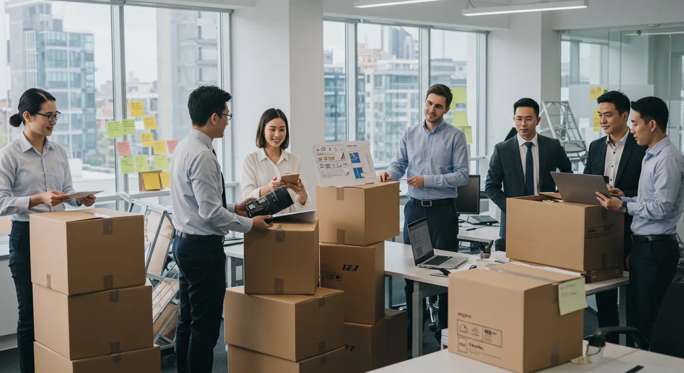 a bustling office environment captures a diverse team of professionals collaborating on a detailed relocation plan, surrounded by moving boxes and laptops, symbolizing a strategic and harmonious commercial move in perth.