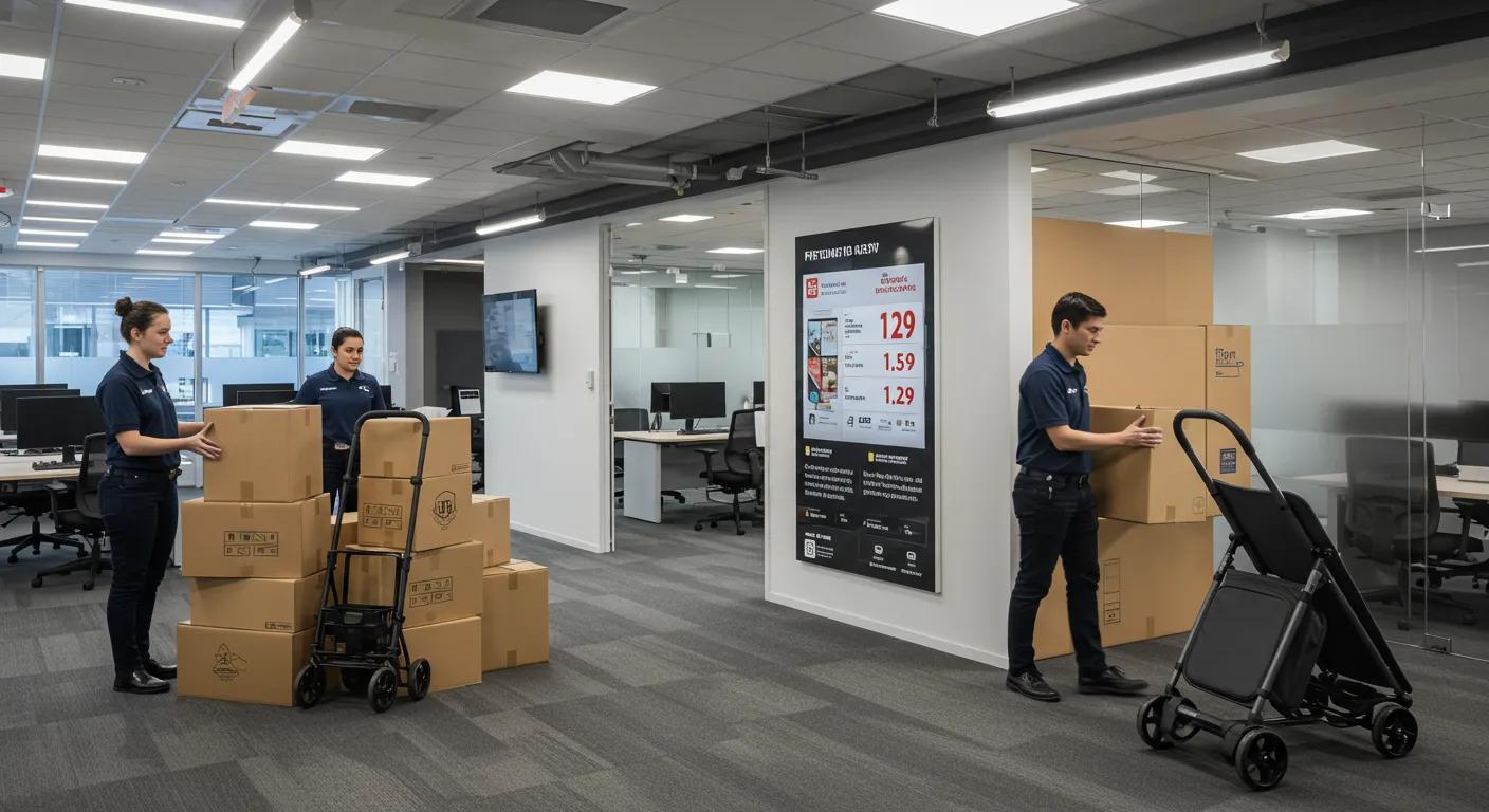 a modern office space in perth, bustling with professional movers efficiently handling boxes and equipment, showcasing a clear pricing breakdown on a digital display that emphasizes transparency and customizable service packages for businesses.