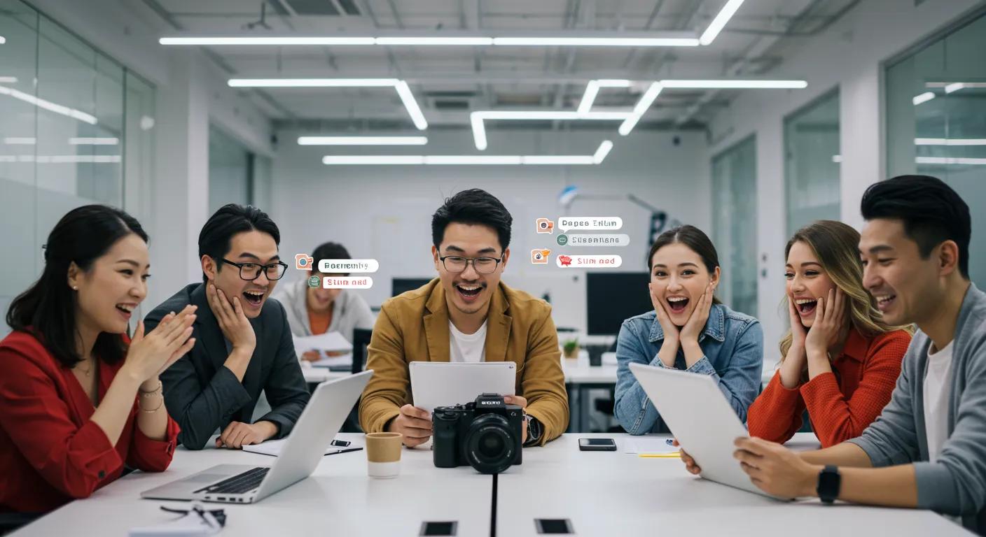 Group of six diverse individuals in a modern office, celebrating and reacting joyfully while reviewing content on laptops and tablets, with a camera on the table, emphasizing teamwork and collaboration in a creative environment.