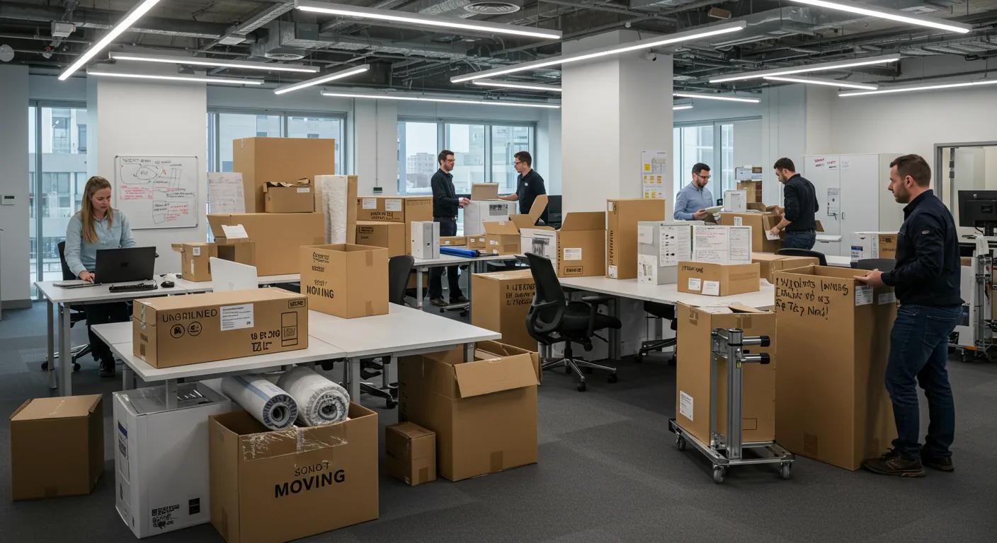 a modern office space bustling with professionals coordinating logistics, featuring neatly arranged packing materials and specialized equipment being carefully handled, highlighting the precision and efficiency of a commercial moving operation.