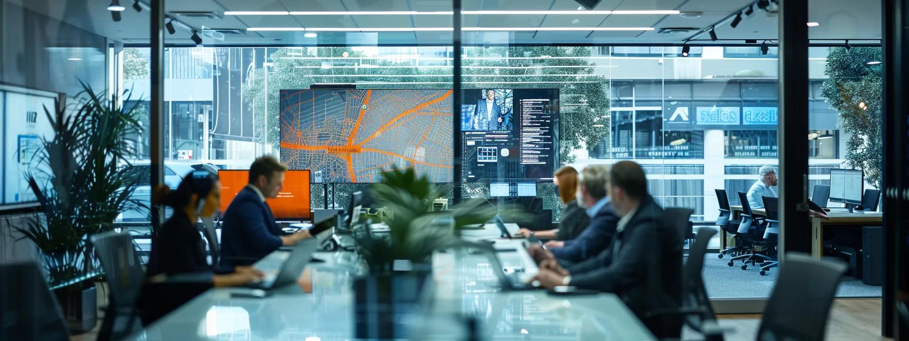 a bustling office space in perth, featuring a large map of the city on a wall while professionals collaborate around a sleek conference table, showcasing the strategic planning process for a successful office relocation.