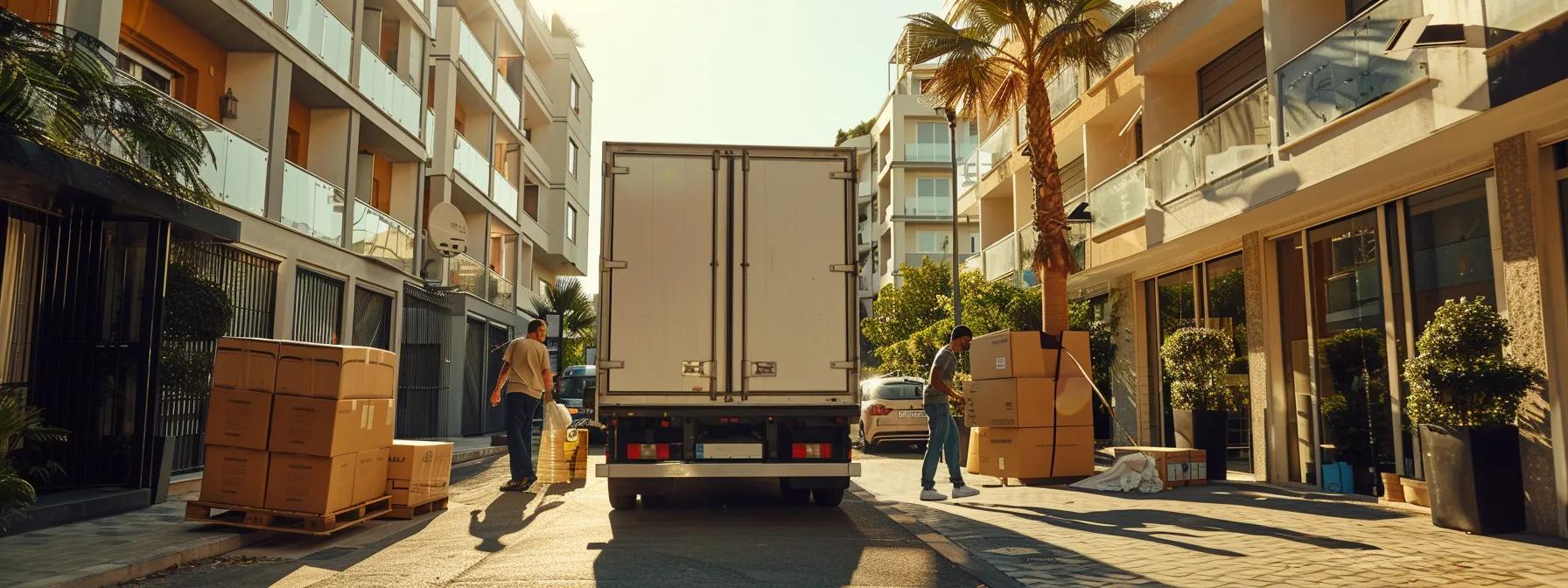 a bustling urban apartment complex with a diverse team of professional removalists efficiently loading a large moving truck, showcasing various moving materials and boxes while highlighting the intricacies of urban relocation costs.