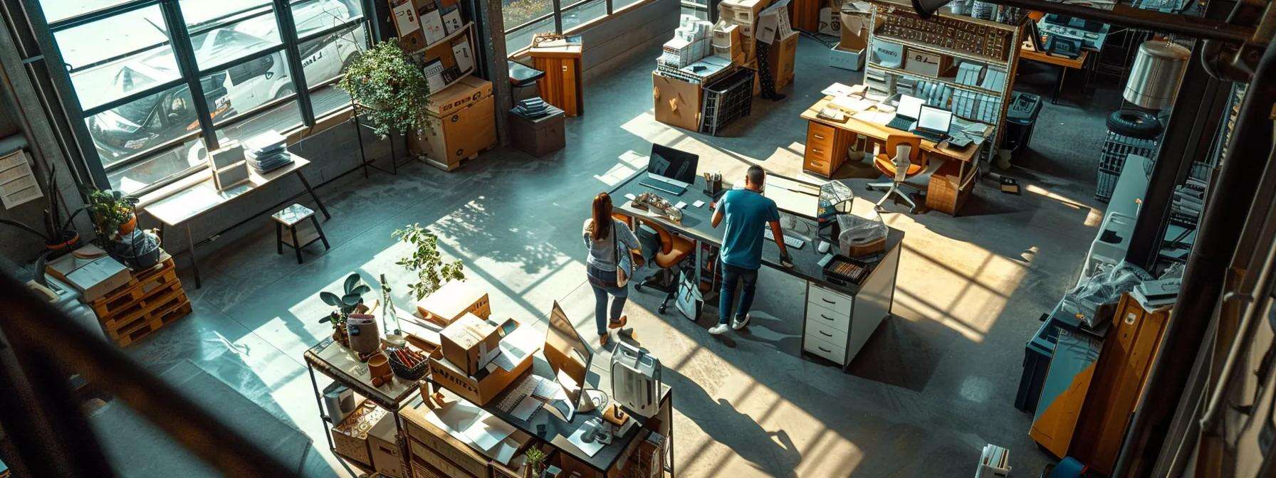 a bustling urban moving company headquarters, with professional movers engaged in a seamless operation, surrounded by neatly organized moving supplies and efficiency-driven workflow, embodying the essence of reliability and calmness during relocations.