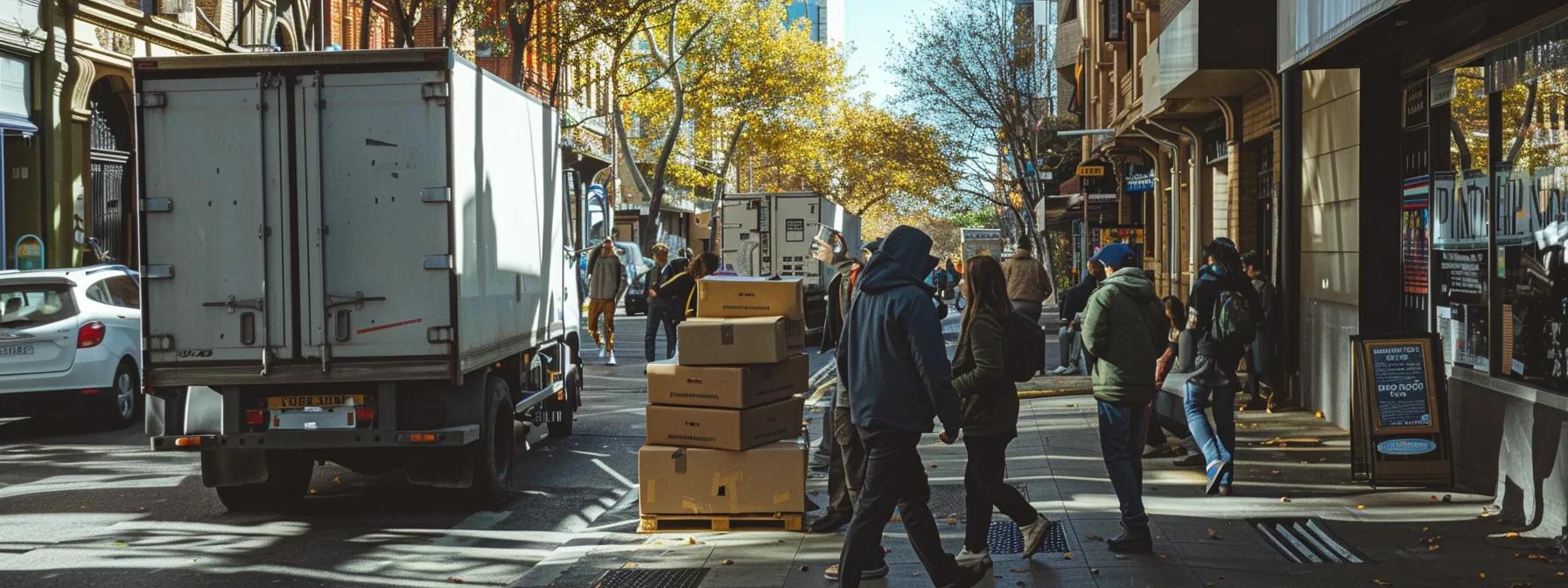a bustling urban setting showcasing affordable student removalists efficiently loading neatly packed boxes into a lively moving truck outside a small apartment complex, with cheerful students directing the process amid a vibrant city atmosphere.