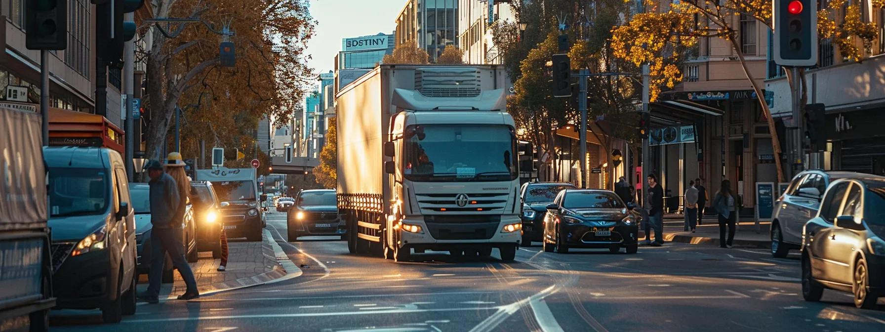 a bustling urban street scene in perth shows a moving truck navigating through heavy traffic while a dedicated team member coordinates parking logistics and monitors real-time traffic updates on a smartphone.
