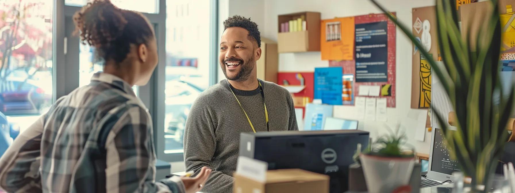 a busy urban moving service office features a cheerful professional discussing affordable options with a customer, surrounded by moving boxes and vibrant posters showcasing various budget-friendly packing solutions.