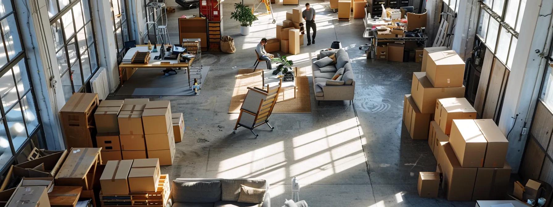 a dynamic office environment showcases professional movers in action, efficiently organizing and packing office equipment with meticulous precision amidst an array of modern furnishings and equipment in a sleek, urban workspace.