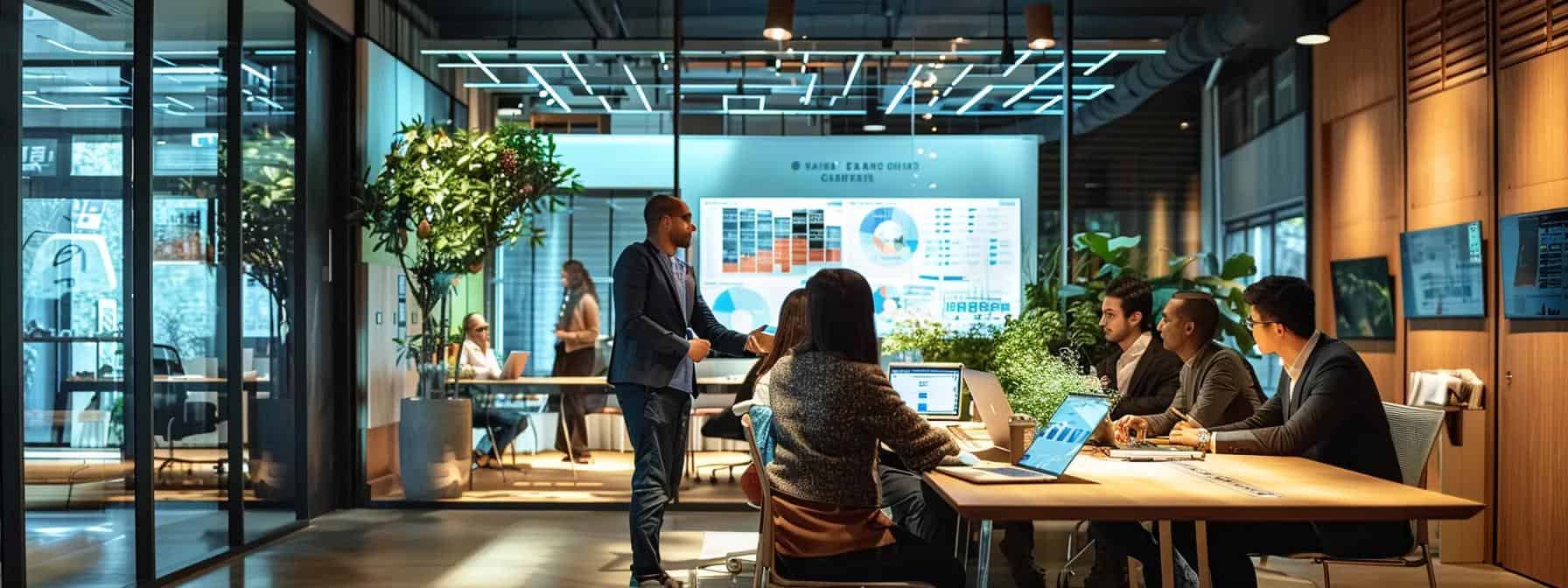 a dynamic urban office space showcases a diverse group of professionals engaged in an animated discussion about cost-saving moving strategies, surrounded by digital screens displaying comparative quotes and budgeting plans.