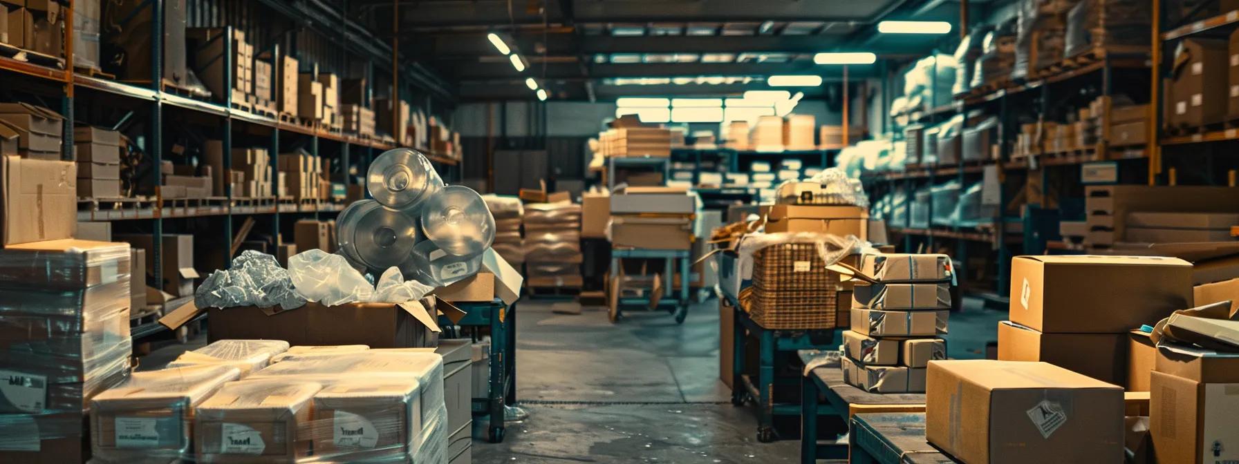 a meticulously organized packing station in a dimly lit warehouse showcases high-quality boxes and rolls of bubble wrap, emphasizing the importance of careful packing techniques for protecting fragile belongings during transit.