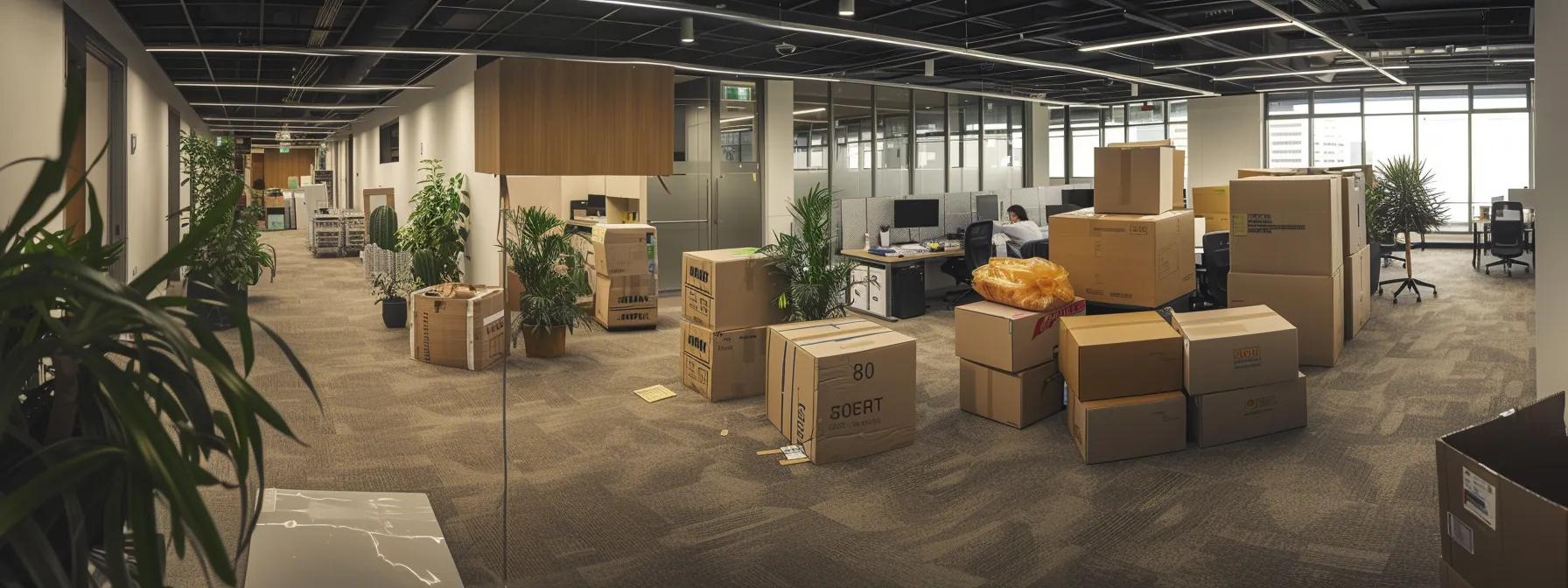 a meticulously organized office relocation scene in perth, showcasing a team of professional movers efficiently disassembling and securing it equipment and furniture, surrounded by neatly packed boxes and specialized moving tools in a modern office environment.