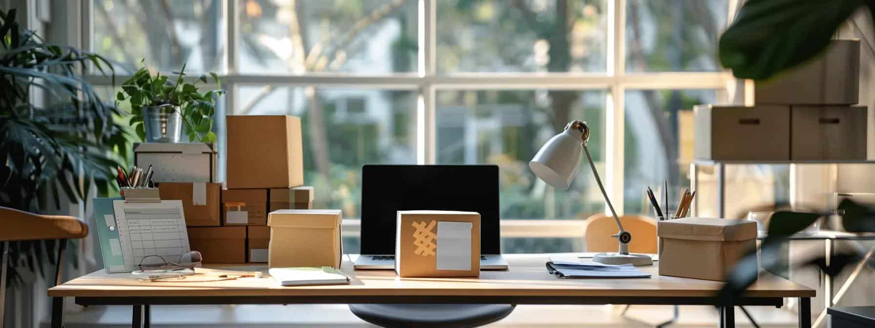 a meticulously organized urban office space showcases a detailed moving checklist on a sleek desk, surrounded by neatly packed boxes and moving supplies, embodying the streamlined process of planning a move in perth.