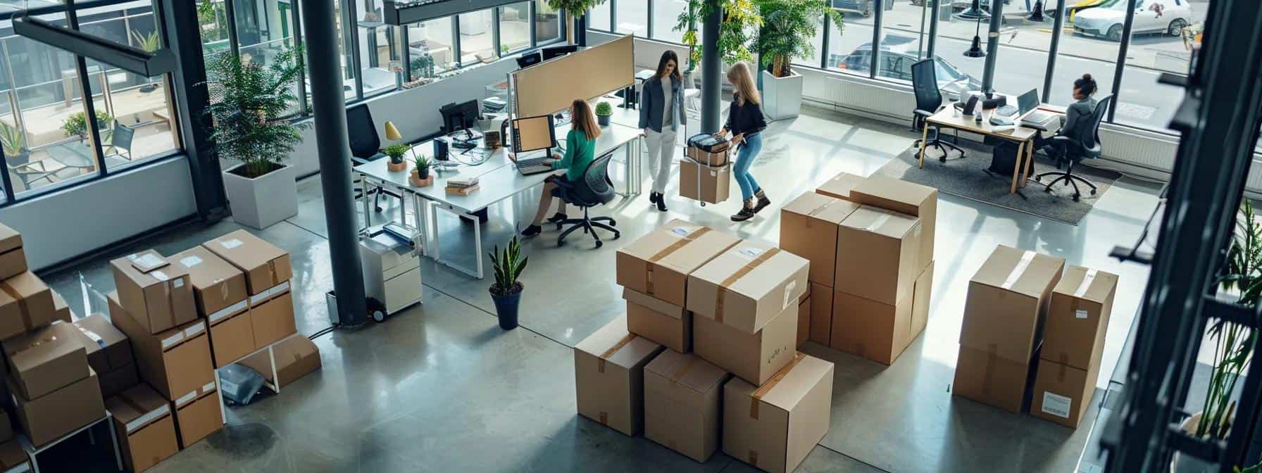 a modern, bustling office environment showcases a team of professional movers meticulously organizing boxes and packing materials, reflecting the thorough and comprehensive services offered by perth's top moving companies.