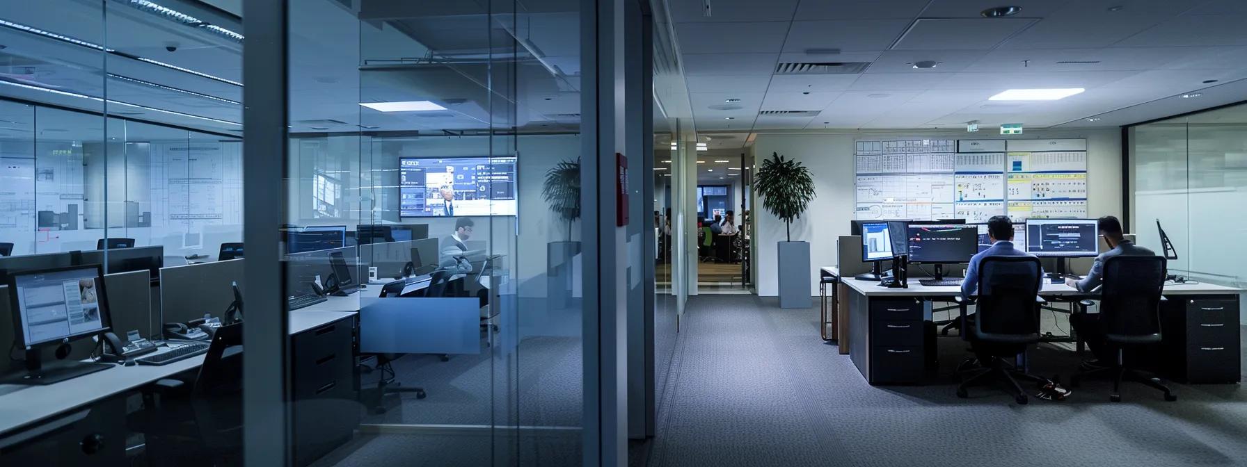 a modern office setting showcases a professional discussing removalist quotes, with digital screens displaying detailed price comparisons and logistics plans, illuminated by sleek, artificial lighting.