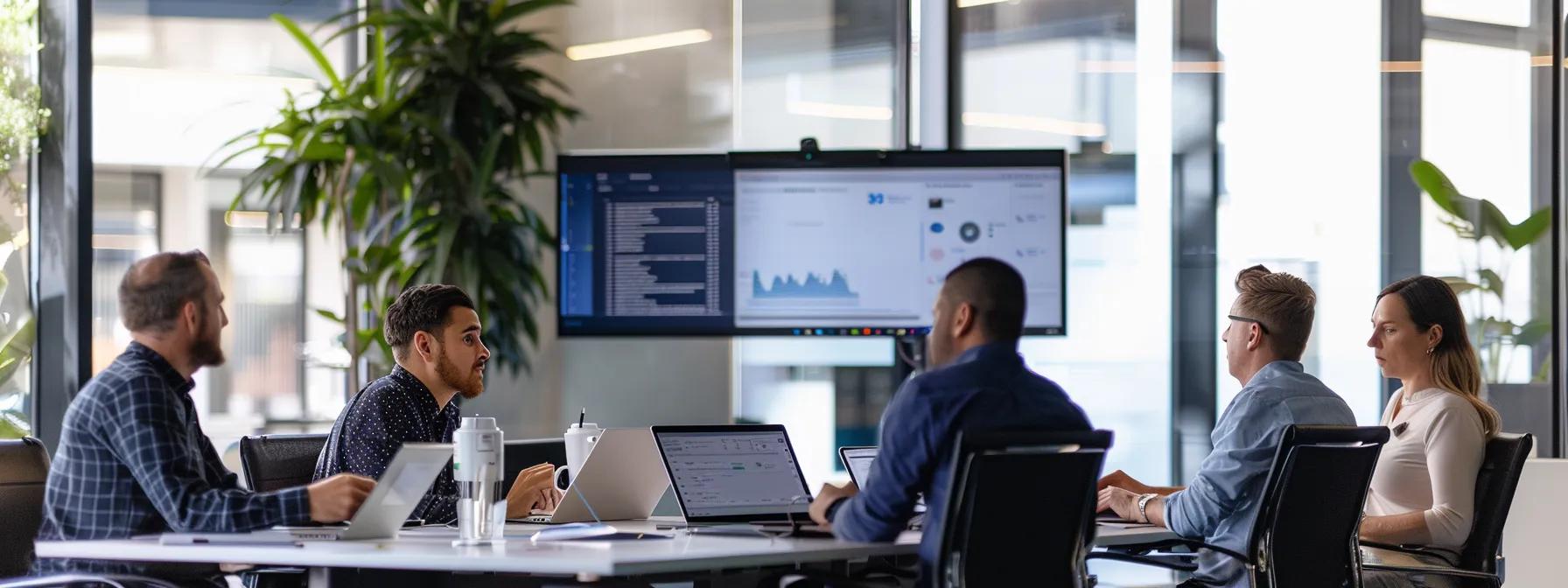 a modern, sleek office environment showcases a diverse group of professionals engaged in a lively discussion while reviewing online reviews and documents about removalist companies in perth, with a large screen displaying logistics data in the background.