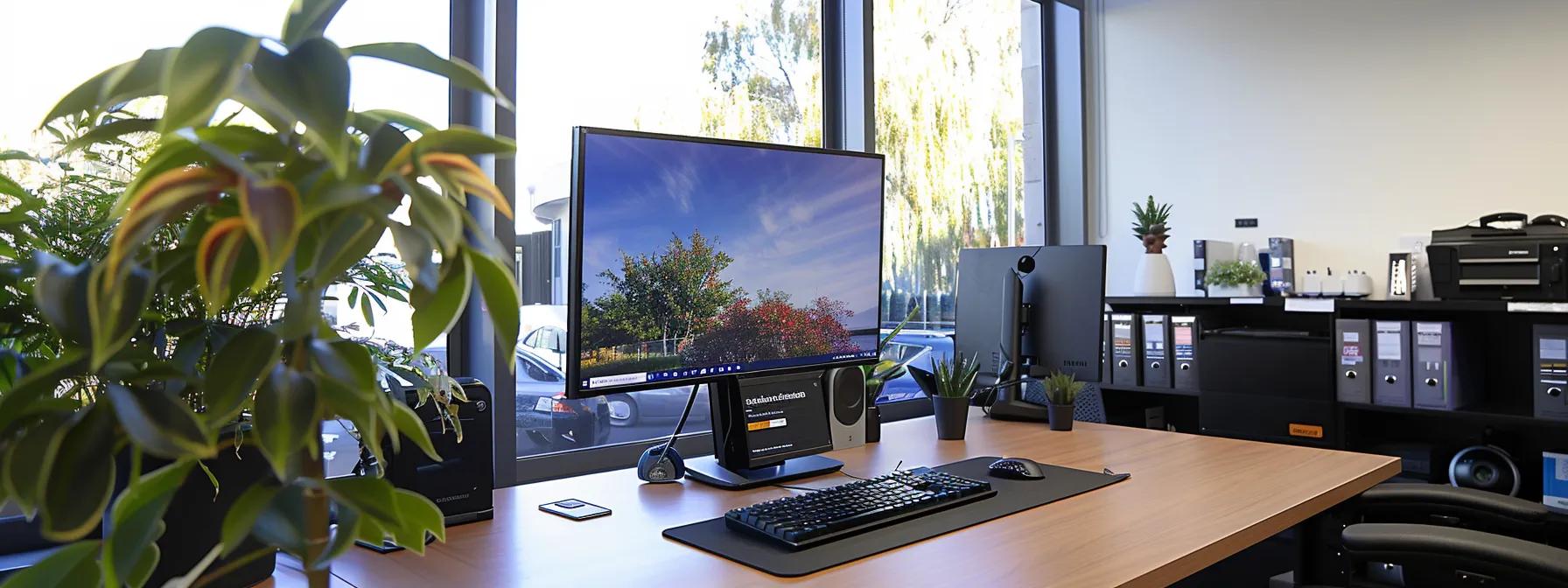 a modern, sleek office setting features a large computer screen displaying glowing customer testimonials and positive reviews on a removalist service, with a satisfied client engaging in a video call, conveying trust and reliability.