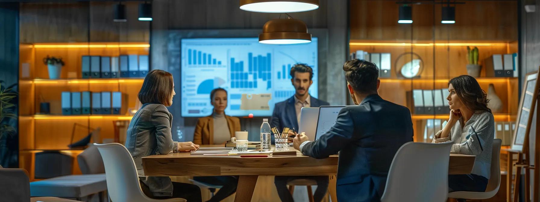 a professional office setting showcases a diverse team in a strategic discussion, surrounded by samples of office furniture and relocation plans, with charts and testimonials displayed on a sleek conference table under warm, inviting lighting.