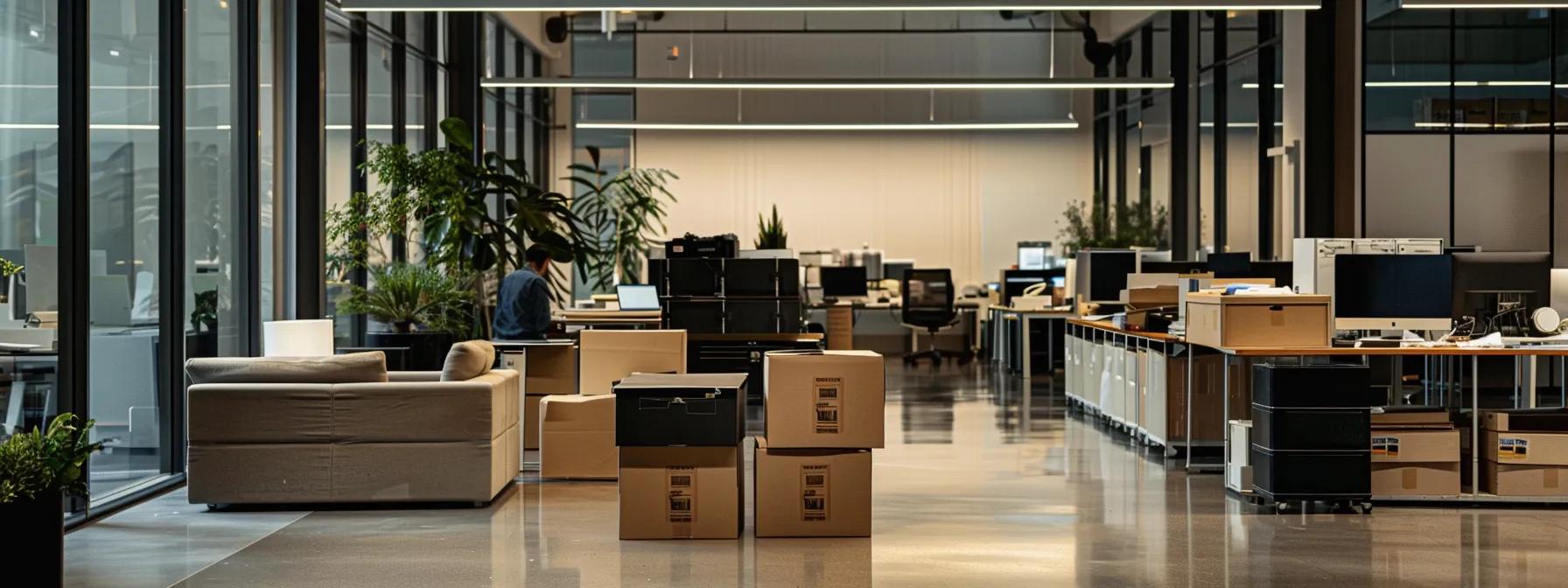 a sleek, modern office space in perth, bustling with professional movers efficiently packing high-tech equipment and heavy furniture, illuminated by bright artificial lights highlighting the organized chaos of an upcoming relocation.