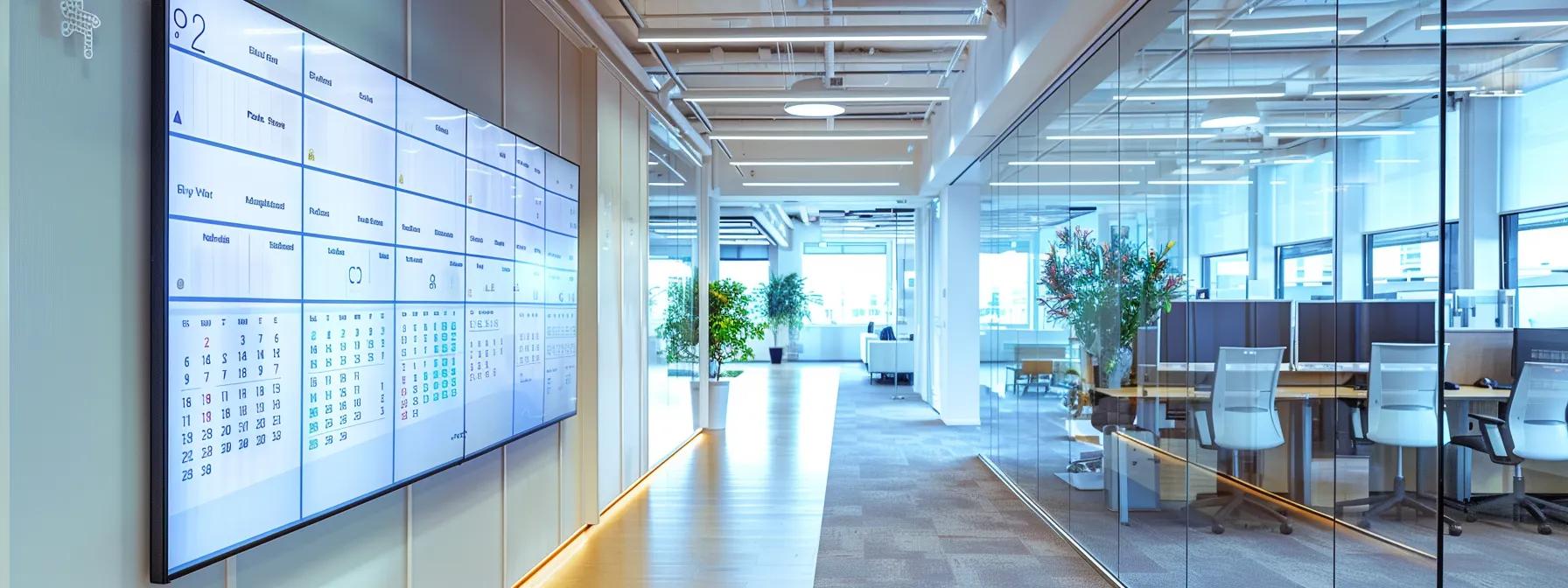 a sleek, modern office space featuring a large wall calendar marked with strategic moving dates and a digital display showcasing cost comparisons, emphasizing the importance of timing for budget-friendly relocations in perth.