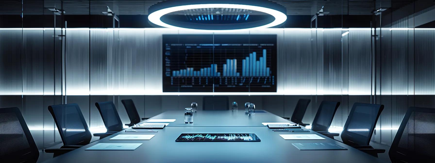 a sleek modern office environment features a large conference table displaying a digital tablet with detailed moving cost graphs and quotes, illuminated by sharp overhead lighting to emphasize the analytical discussion on relocation expenses in perth.