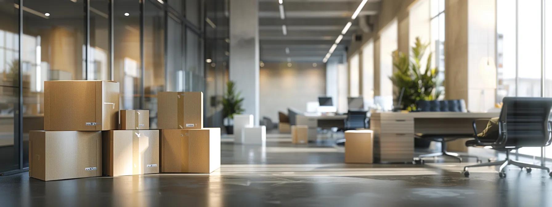 a sleek, modern office setting showcases a serious discussion between a professional mover and a client, with detailed packing materials and boxes prominently displayed, illustrating the decision-making process of choosing between professional packing services and self-packing.