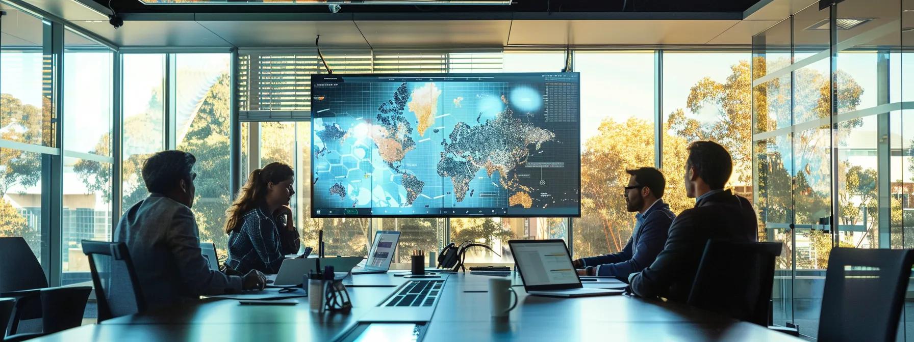a sleek, modern office conference room showcases a diverse group of professionals engaged in a dynamic discussion about logistics, with a digital map of perth displayed prominently on a large screen behind them, highlighting optimal routes for removalists.