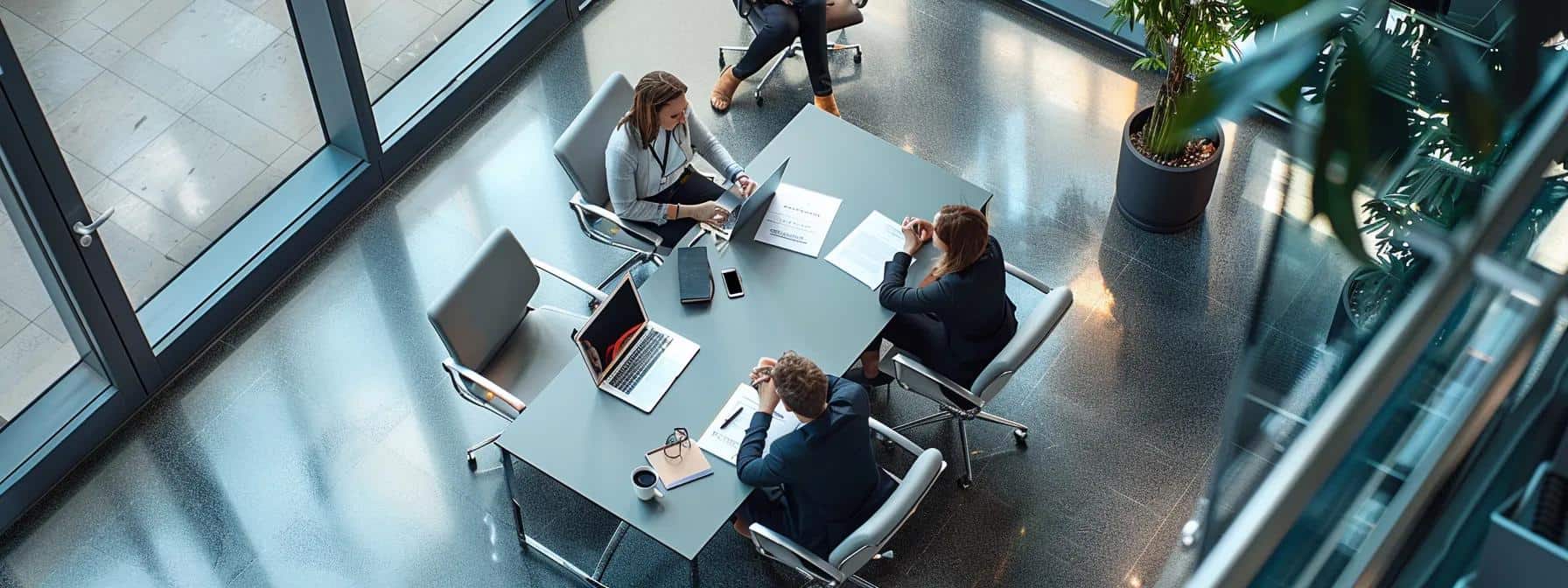 a sleek office interior showcases a professional meeting between a couple and a moving service representative, with a clear focus on a contract and pricing chart on the table, embodying trust and transparency in selecting affordable perth moving services.