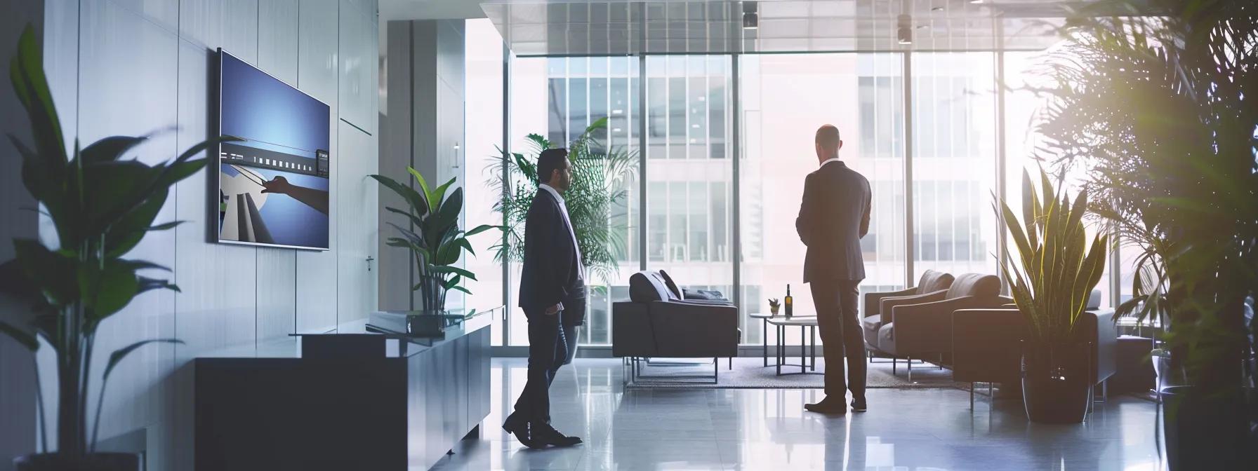 a sleek, professional office interior features a well-dressed consultant confidently presenting licensed moving service options to a discerning client, with glowing customer reviews prominently displayed on a digital screen.