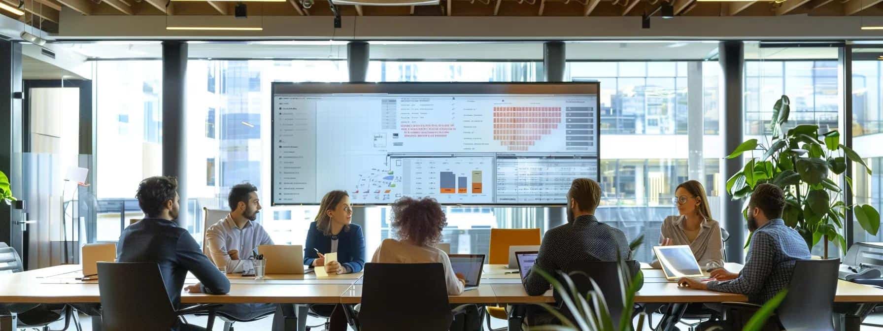 a sleek urban office space features a diverse team of professionals engaged in a focused discussion, with a large screen displaying a checklist for selecting reliable moving services, emphasizing trust and efficiency in the moving industry.