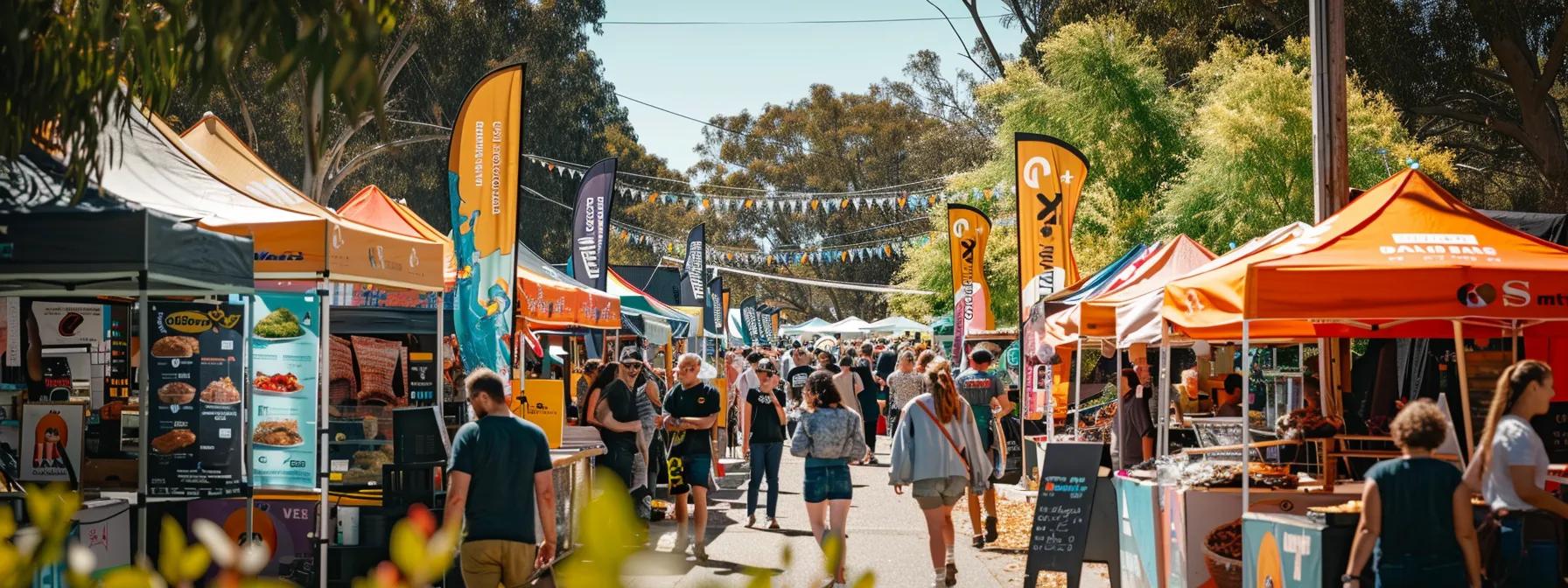 a vibrant urban scene in perth showcasing a bustling community event, where locals connect over food stalls and activities, surrounded by colorful banners and energetic crowds, reflecting the spirit of integration and community engagement.
