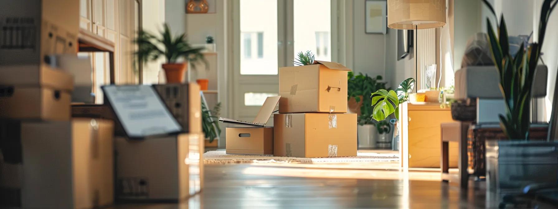 an organized moving day scene in an urban apartment, featuring meticulously labeled boxes stacked neatly in a bright hallway, with a clipboard and packing materials set up on a nearby table to emphasize an efficient and stress-free relocation process.