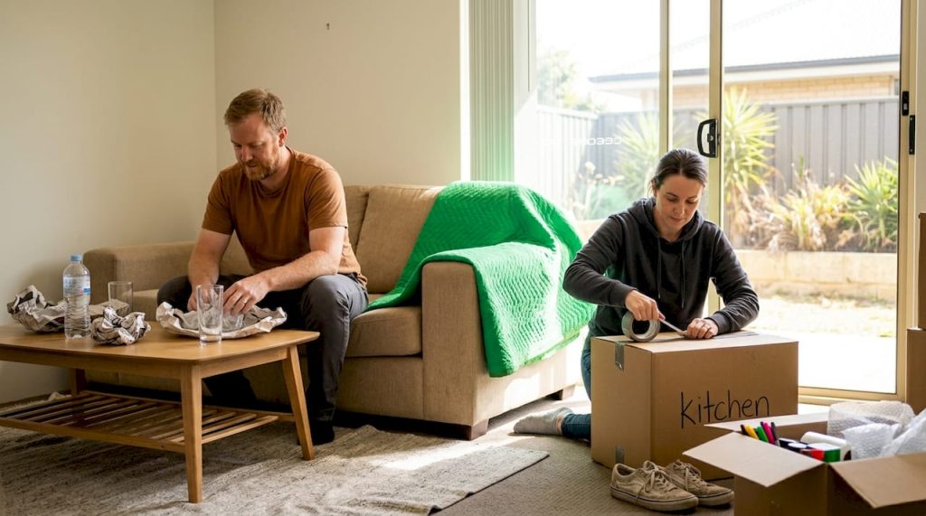 Couple packing hurriedly for move in Perth home