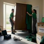 Professional movers carefully carrying furniture indoors