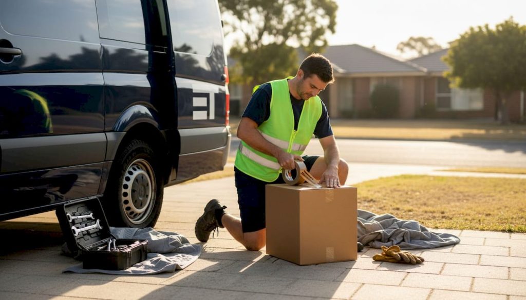 Removalist packing boxes by moving van