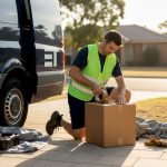 Removalist packing boxes by moving van